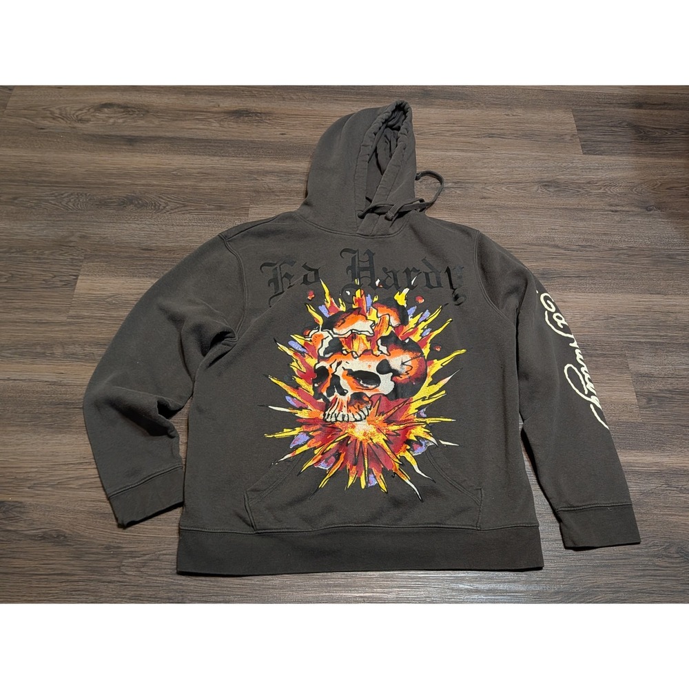 Ed Hardy Mens Faded Black Flaming Skull Tattoo Graphic Hoodie Size L Y2K DEH